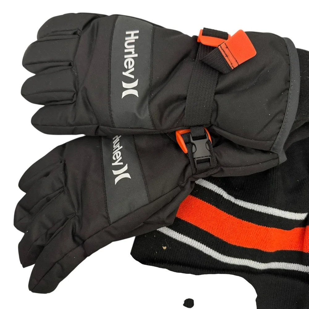 Hurley Youth Beanie and Ski Glove Size L 2-pc Set Reflective Black Orange NWT